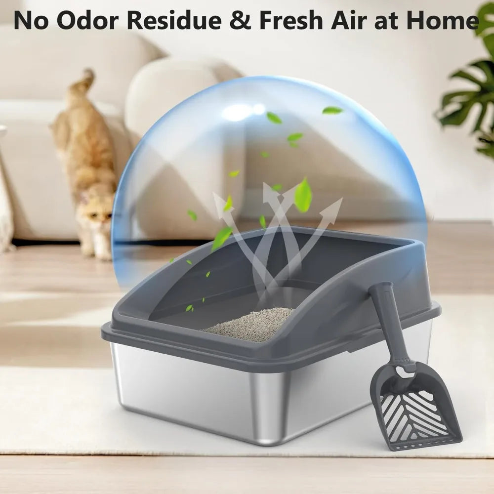 Stainless Steel Litter Box, Anti-Leak Top Entry, Easy Clean, Non-Sticky, with Scoop