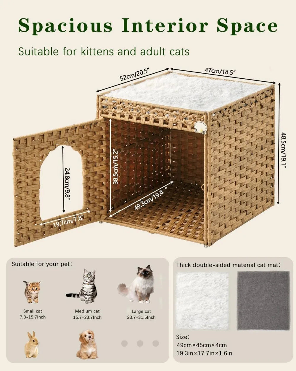 Double Cat Cave Bed for Indoor Cats, Handwoven Rattan Hideaway with Soft Cushions, Foldable, 18.5x20.5x19.1 inches, Natural
