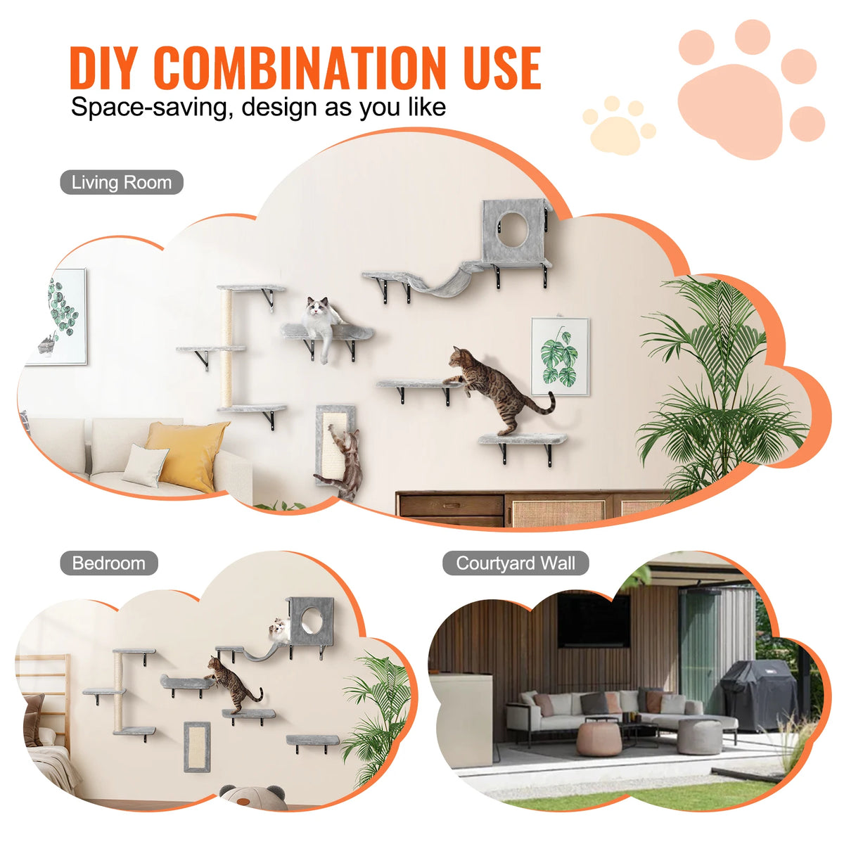 SucceBuy Wall Mounted Cat Shelves Cat Wall Shelves and Perches with Jumping Boards Cat Tree & Cat Grip Cat Furniture and Shelves