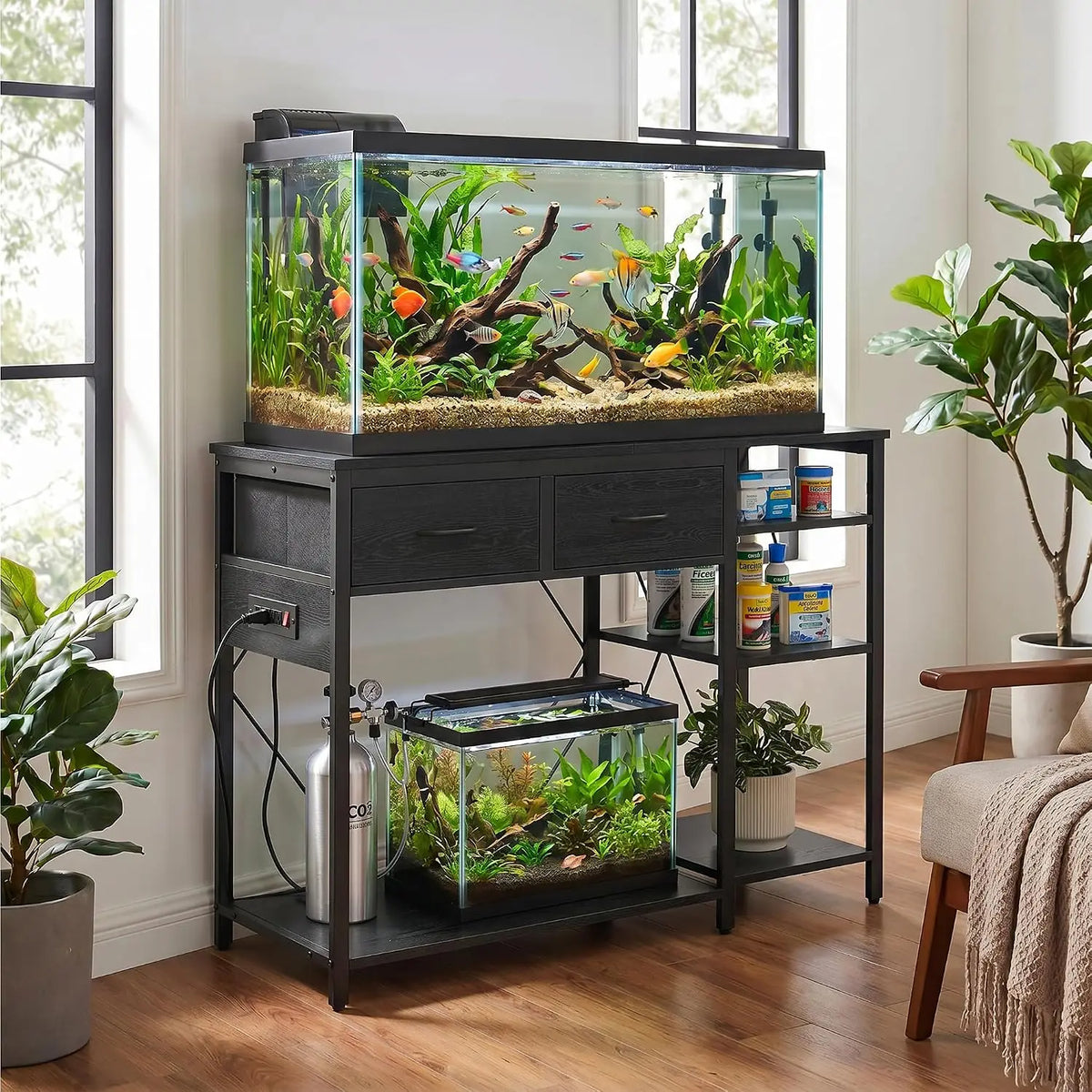 Aquarium Stand with Power Outlet for Fish or Reptile Tank 49.2" x 17,7" Top Tabletop Terrarium Stand with Power Outlet For Farmhouse Home