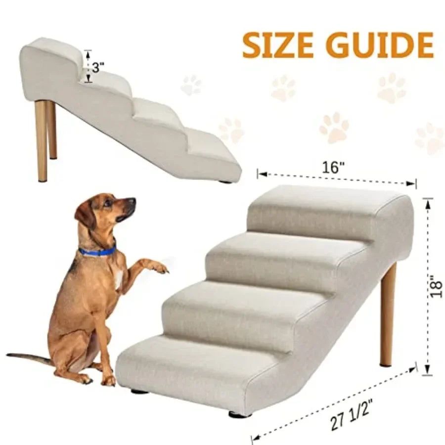 Pet Stairs for Dogs up to 150 lbs, Imitation Linen Faux Leather, Light Beige, Waterproof Scratch Resistant with High-Density Fo