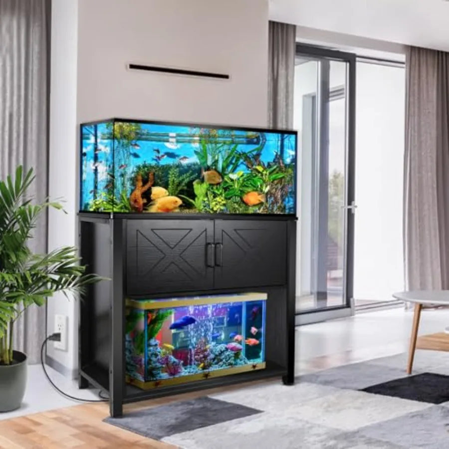 40 Gallon Tank Stand with Cabinet and Power Outlets, Heavy Duty Metal Aquarium Stand for Breeder Tank, Turtle Tank, Double Terr