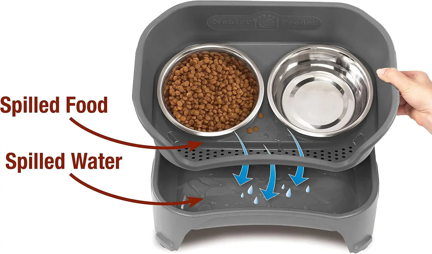 Mess-Proof Elevated Dog Bowls for Medium & Large Breeds - No Spill Raised Slow Feeder with Stand, Grey