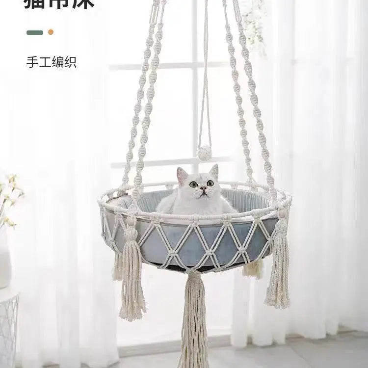 Winter Cat Window Perch, Cat Hammock for Wall with Hand Woven Ropes, Foldable Cat Beds for Indoor Cats Basket Swing