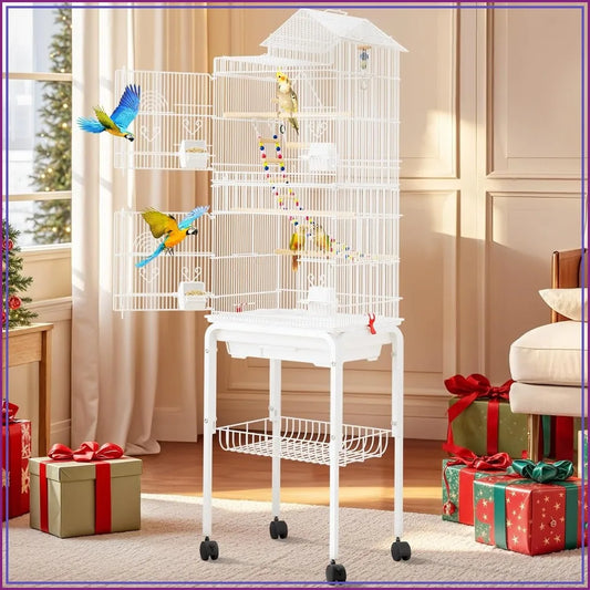 62-inch Metal Bird Cage for Cockatiels, Parrots, Pigeons, Lovebirds, with Roof Access and Rolling Stand, White