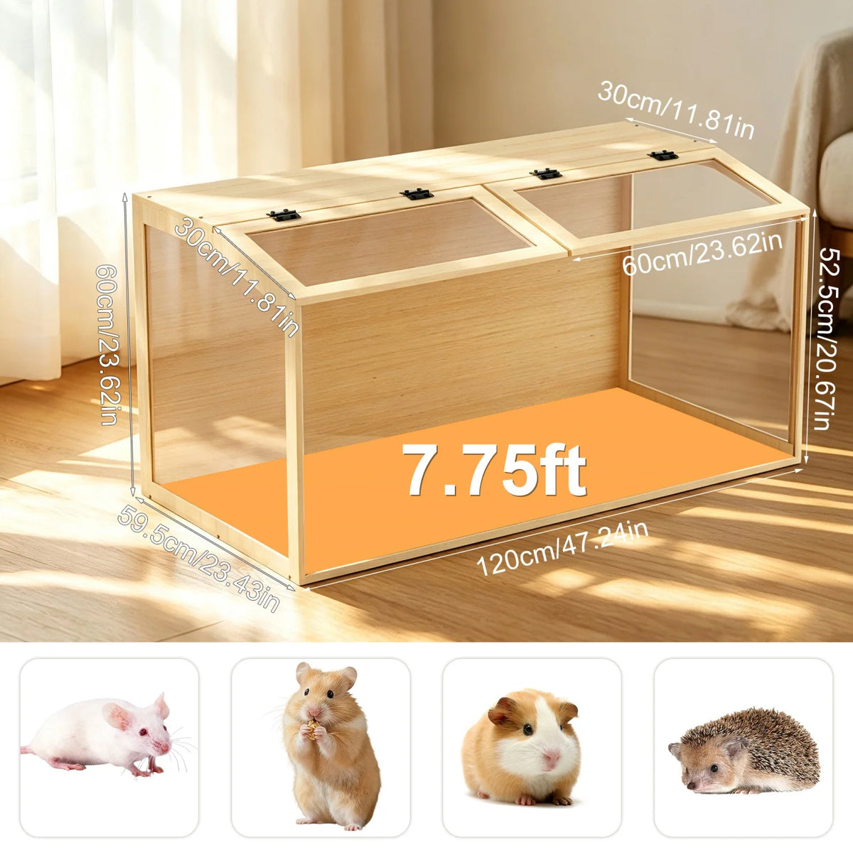 Wooden Hamster Cage Animal Cabinet for Guinea Pigs Hamster Habitat Openable Top Tabletop Habitat Enclosure Tempered Glass Panels