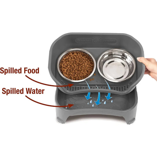 Mess-Proof Elevated Dog Bowls for Medium & Large Breeds - No Spill Raised Slow Feeder with Stand, Grey