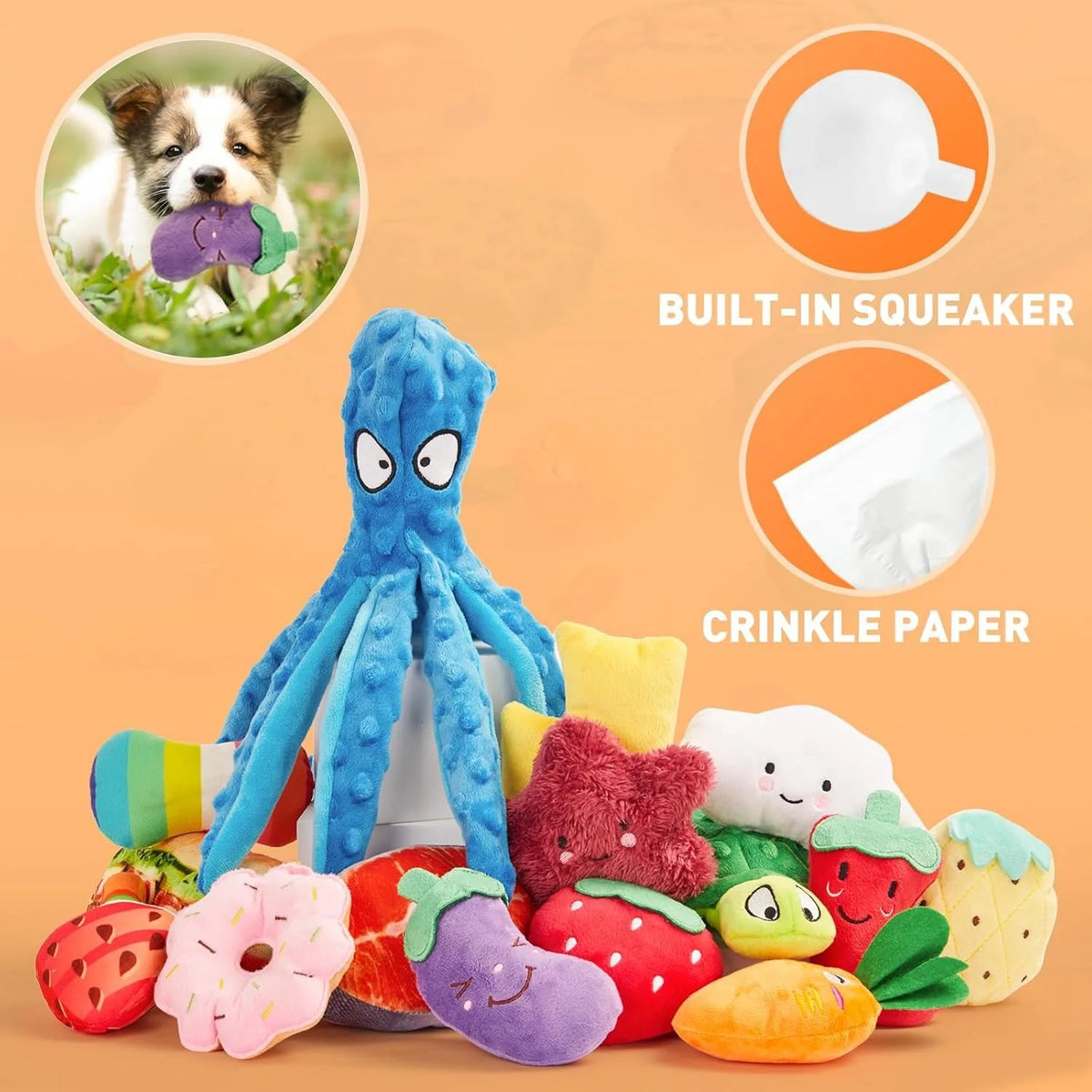 20PCS Random Squeaky Dog Toys Cute Interactive Pets Toys Bulk for Small Medium Dogs Soft Plush Fruit Vegetables Animals Set
