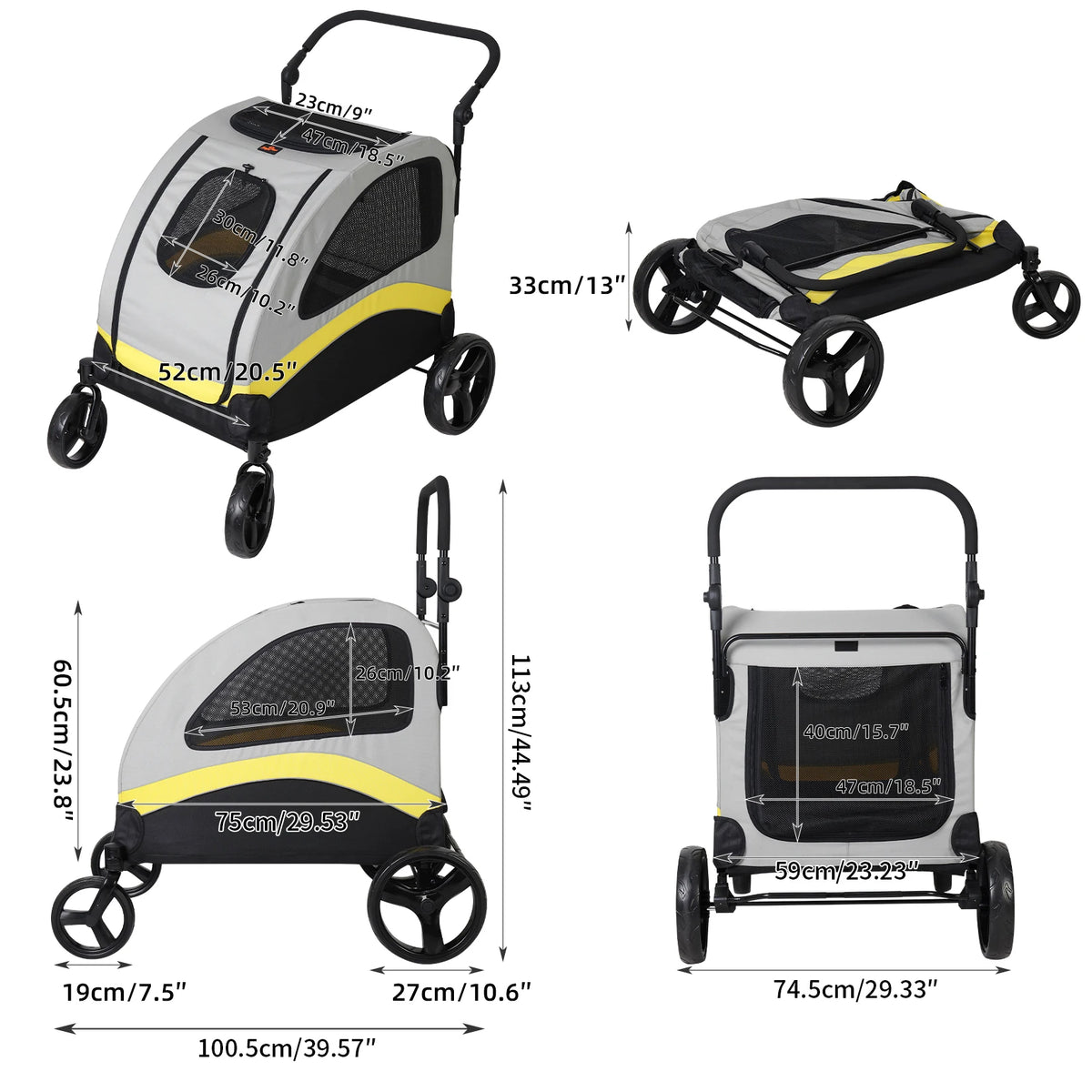 Large Dog Stroller 4 Wheel Pet Trolley Carrier Foldable for 2 Dogs up to 121 lbs