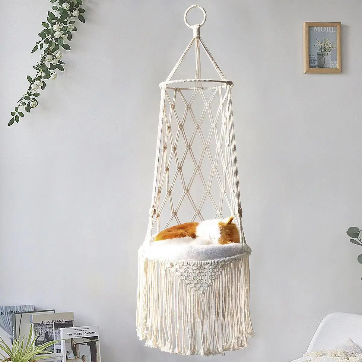 Winter Cat Window Perch, Cat Hammock for Wall with  Hand Woven Ropes,  Foldable Cat Beds for Indoor Cats Basket Swing