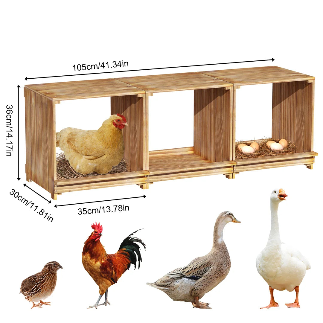 3-Compartment Pine Wood Chicken Nesting Box for Egg Laying Preventing Egg Falls Poultry Farming Accessory