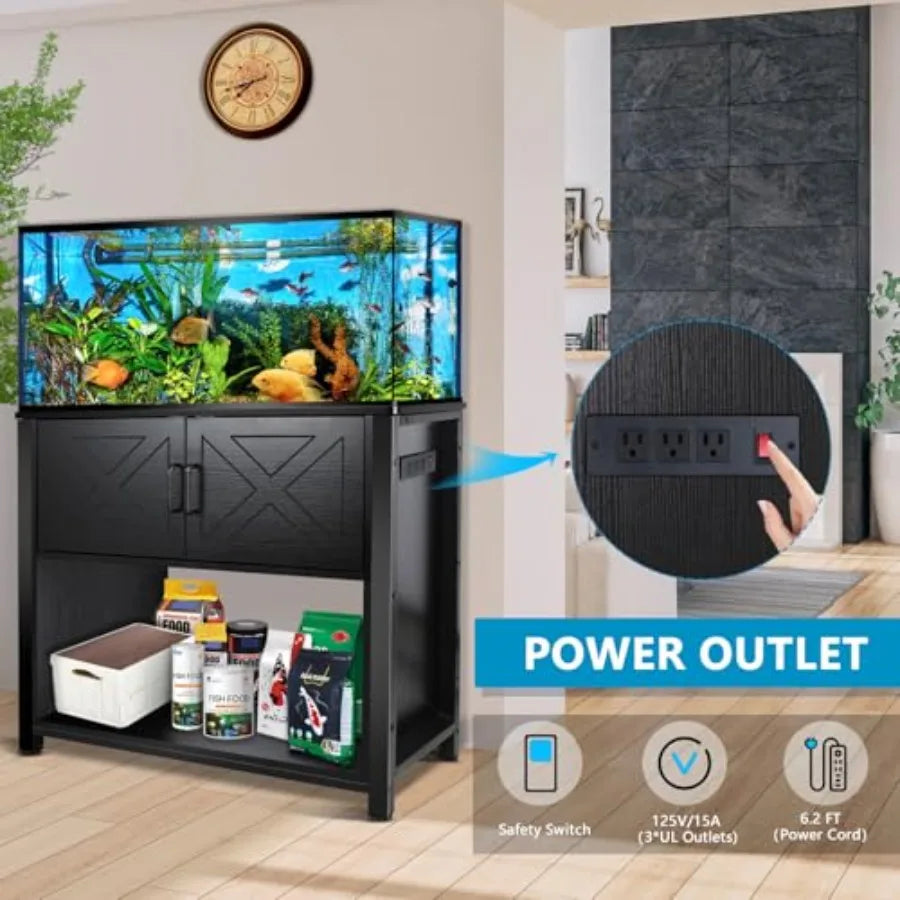40 Gallon Tank Stand with Cabinet and Power Outlets, Heavy Duty Metal Aquarium Stand for Breeder Tank, Turtle Tank, Double Terr