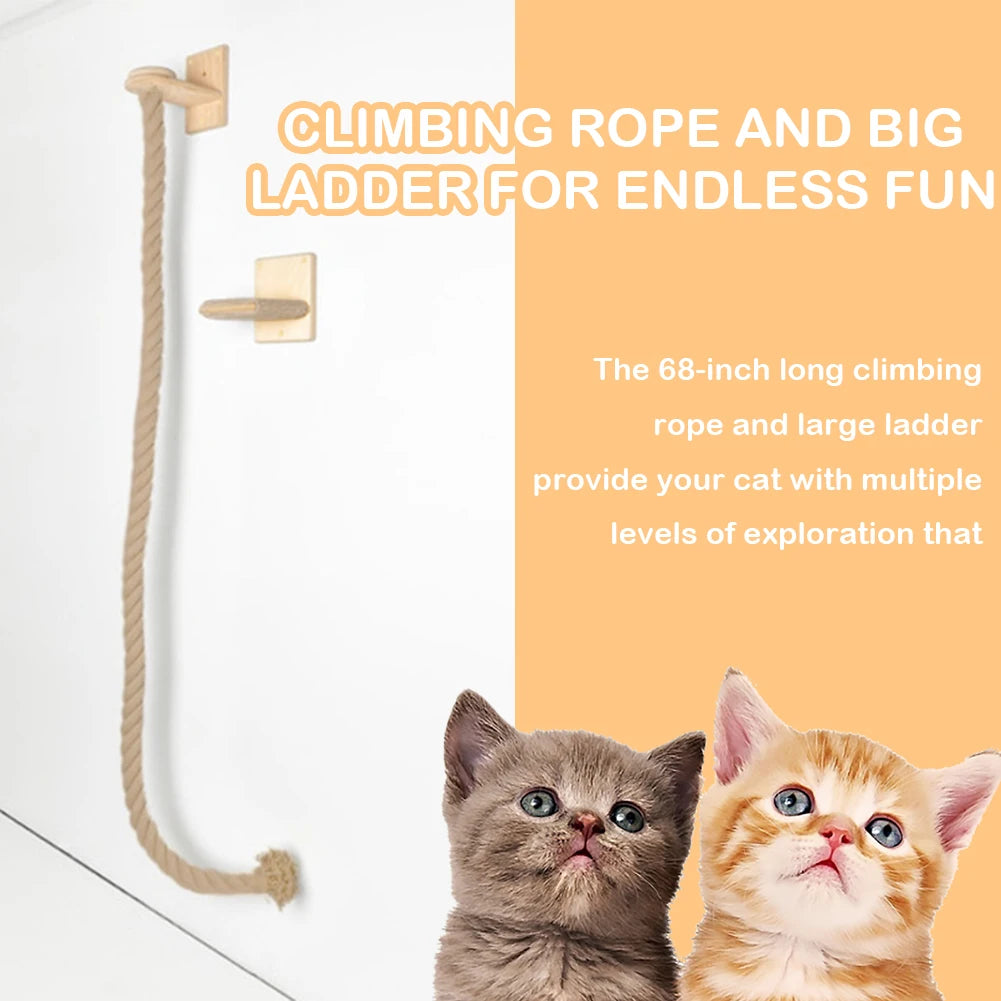 Cat Climbing Rope with Wood Platform Wall Mounted Rope Reusable Claw Grinding Tool for Cat Furniture Scratcher Play Equipment