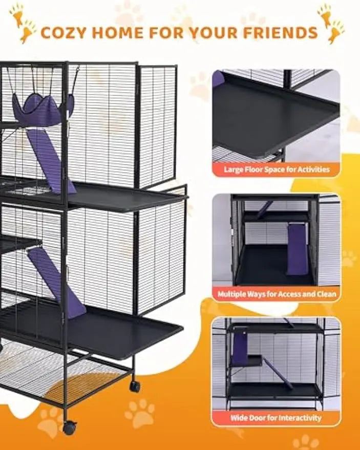 Garvee 64-Inch Rolling Metal Ferret Cage Large 4/3/1 Tier Critter Nation Cage Small Animal Cage for Pet Rat Hamster Guinea Chinchilla For Patio Backyard Cats