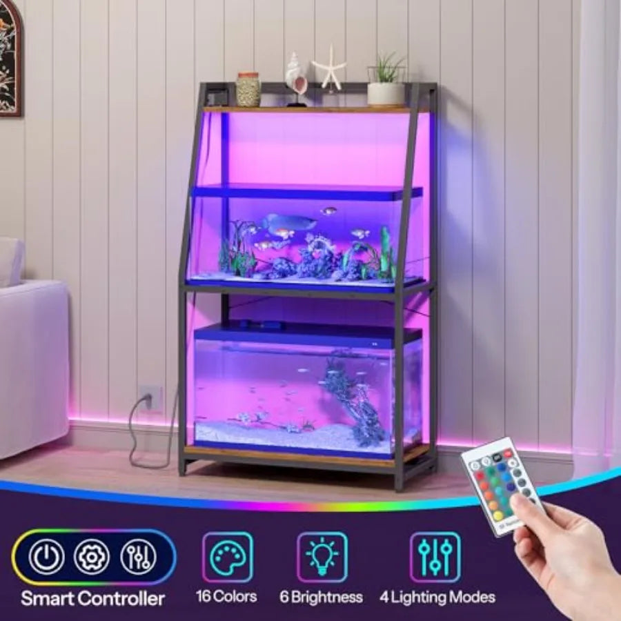Fish tank stand for 20-29 gallon aquariums, metal frame, rustic brown, heavy duty with power outlets and LED light, 33.1'' L x