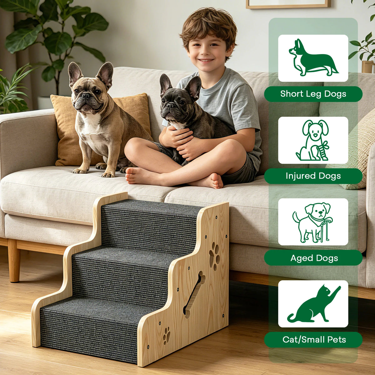 3 Step Wooden Pet Stairs, Large Non-Slip Dog Steps, Scratch-Resistant Carpet & Side Safety Panels,for Small & Large Dogs and Cats, Beds, Couches & Sofas