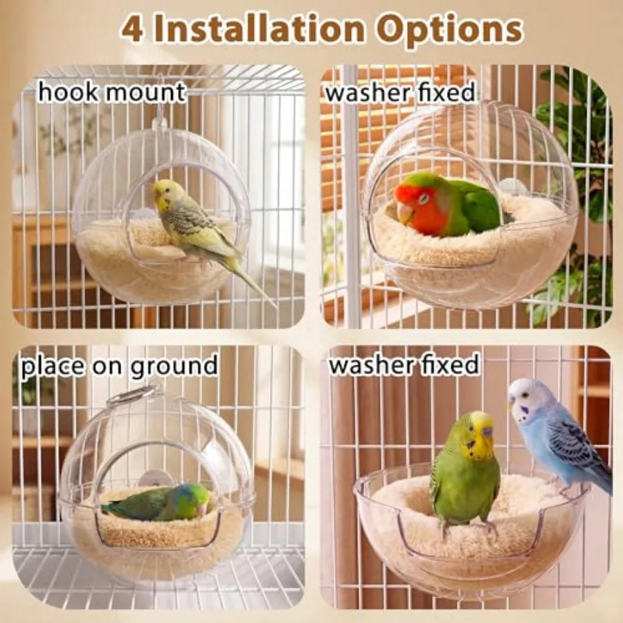 Transparent Chewproof Budgie Bird Breeding Nest for Cage, 360° Clear View Small Parakeet Nest with Washable Pad, Hanging Bird B