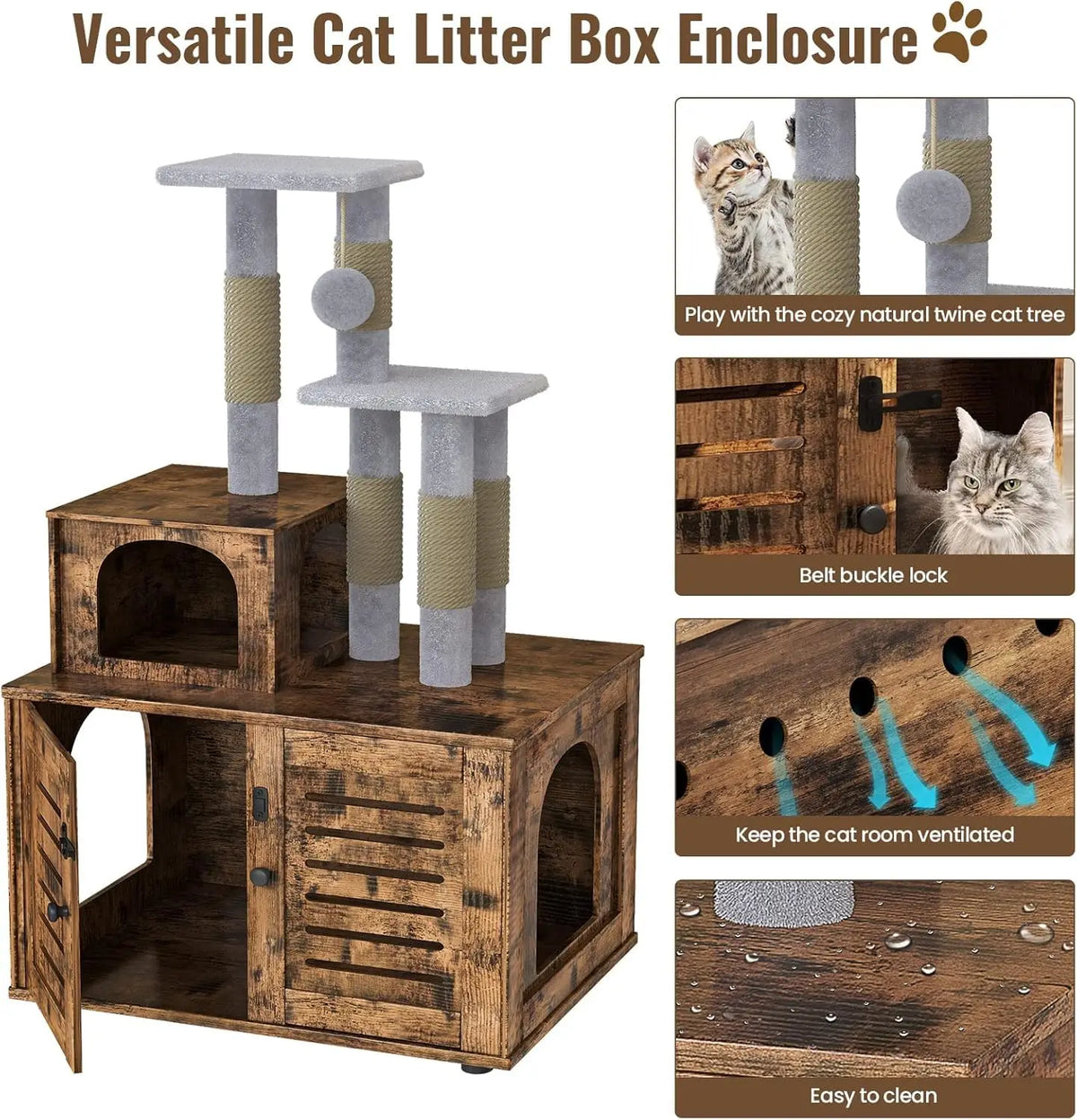 Cat Litter Box Enclosure with Cat Tree Tower 2-in-1 Hidden Pet Washroom Furniture with Scratching Post and Soft, Customized