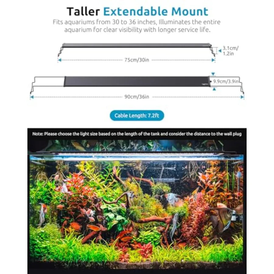 LED Aquarium Plant Light, 24/7 Custom Timer, Power-Off Memory, 7-Row LEDs 30-36in Full Spectrum Fish Tank Lights, 8 Colors, 20