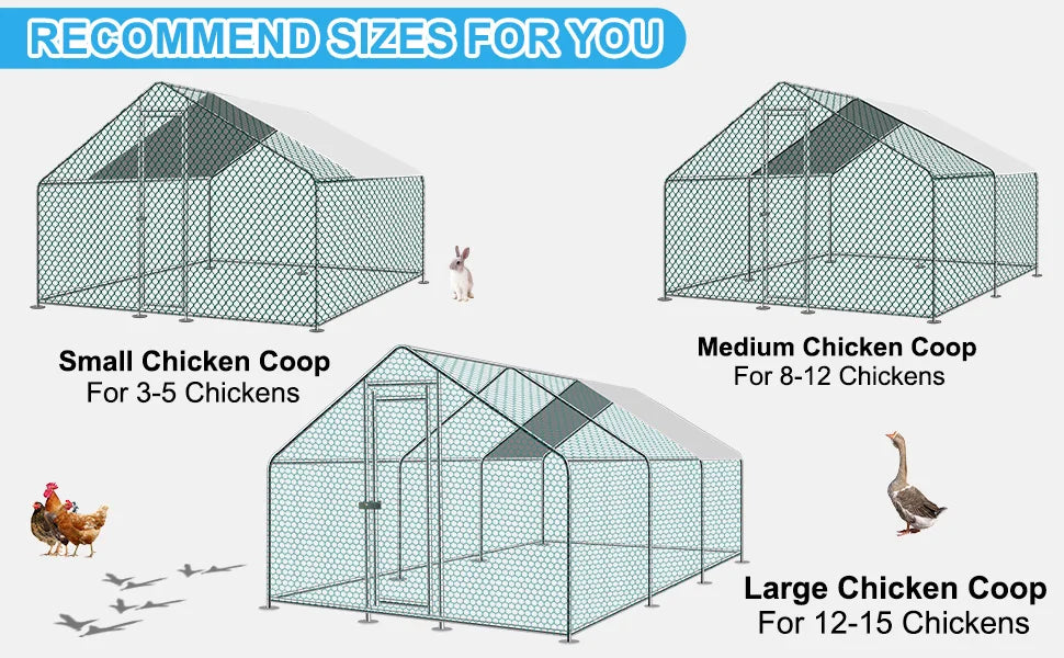 Teousev 10/13/20ft Large Metal Chicken Coop Walk-In Run with Peaked Roof, Outdoor Poultry Cage Hen House for Farm Backyard