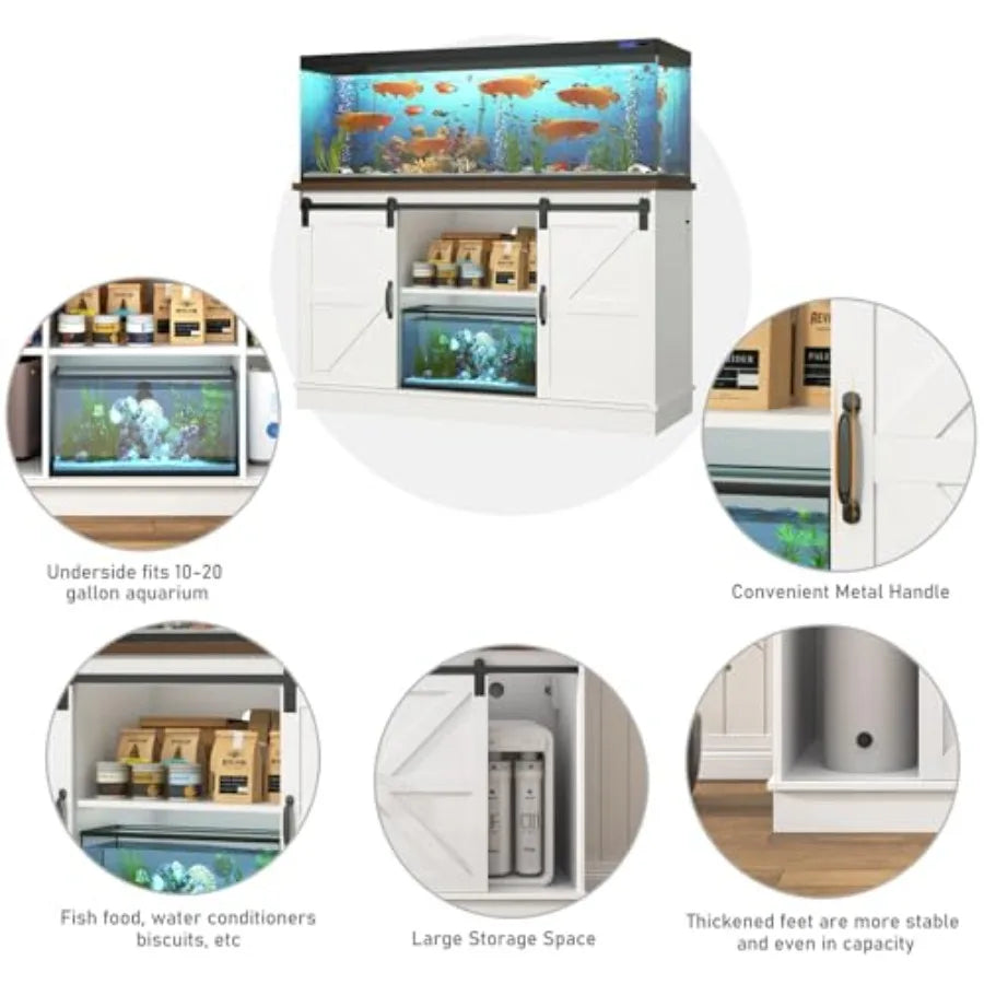 Farmhouse Fish Tank Stand with Power Outlet, Aquarium Stand w/CabinetandSliding Barn Door, Heavy Duty Reptile Tank Stand for Fi