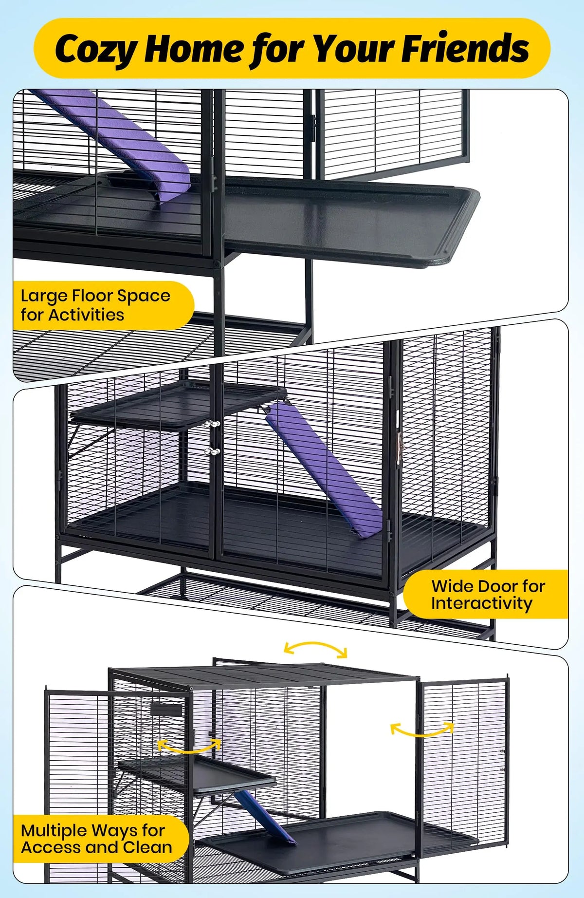 Small Animal Cage, 39” H Large Ferret Cage with Removable Ramp & Tray, Hamster Cage for Chinchilla, Guinea Pig and Rabbit