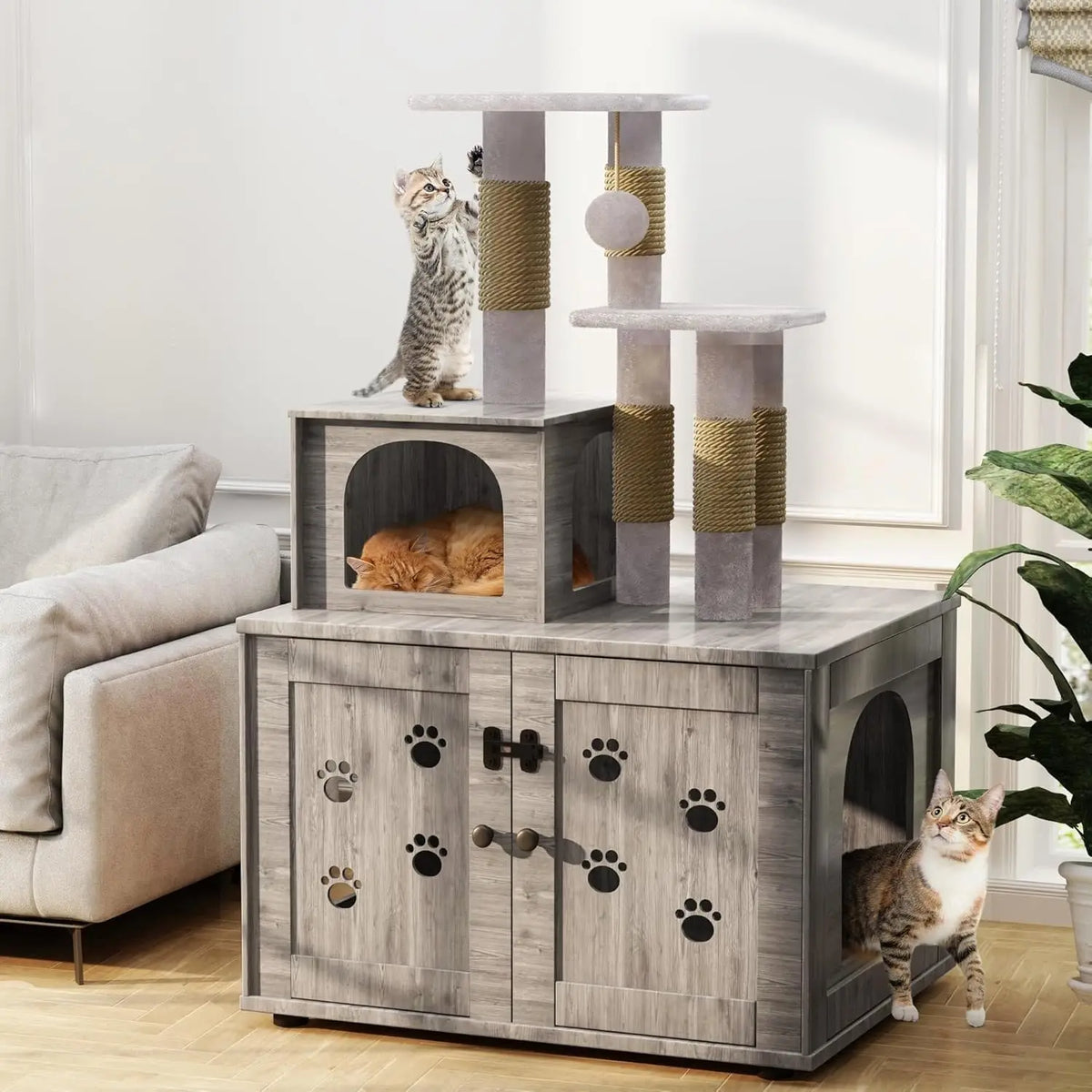 Cat Litter Box Enclosure with Cat Tree Tower 2-in-1 Hidden Pet Washroom Furniture with Scratching Post and Soft, Customized