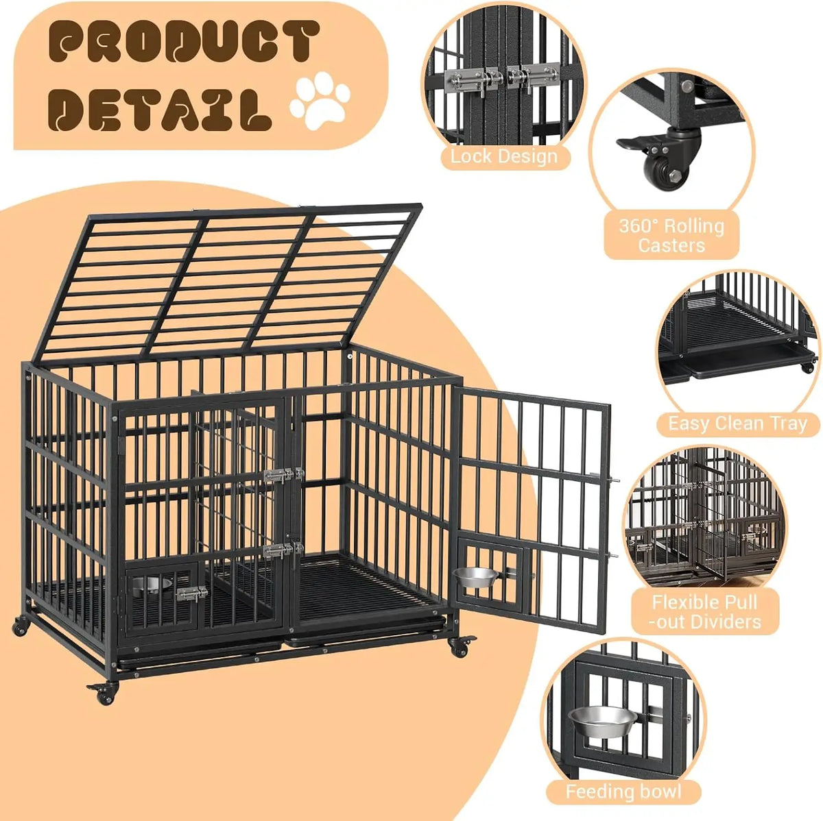 Heavy Duty Metal Dog Crate 42 Inch with Double Door Lock Wheels Removable Tray Divider Panel Large Dog Cage for Indoor Small Medium Dogs