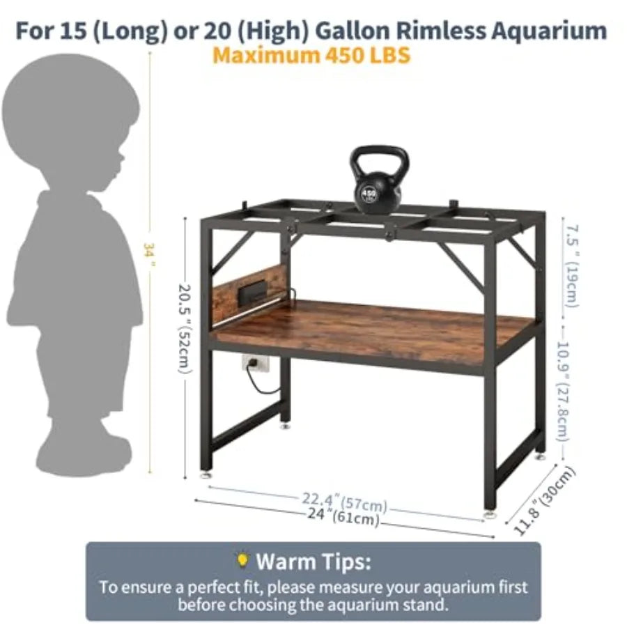 15-20 Gallon Fish Tank Stand with Power Outlets, Aquarium Stand with 2-Tier Storage Shelves, Heavy Metal Reptile Turtle Tank St