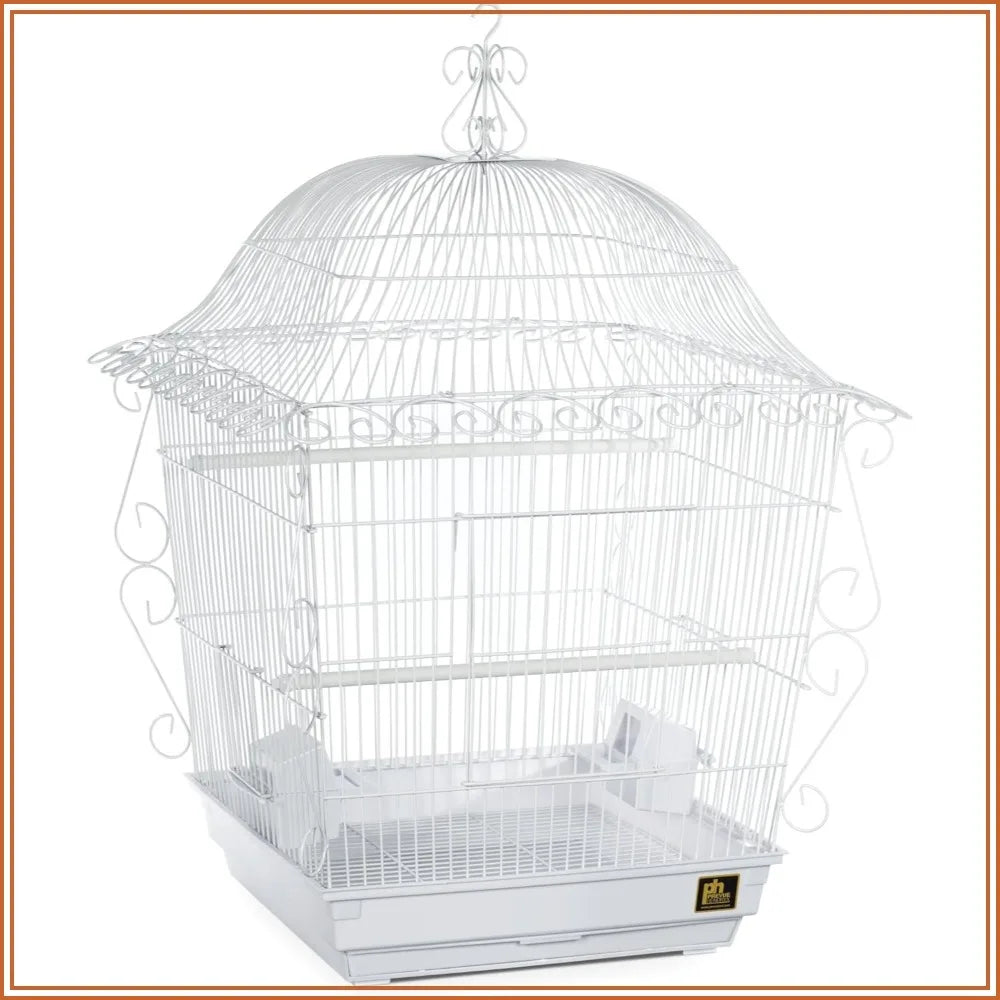 Vintage White Bird Cage with Scrollwork Design, 18x18x25 in, for Parakeets, Budgies, Lovebirds, Cockatiels, Easy Clean Bottom Grille