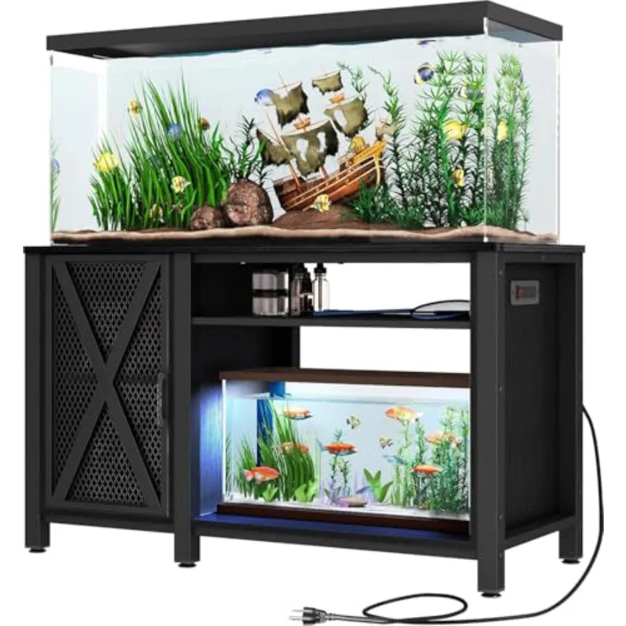 55-75 Gallon Aquarium Stand with Power Outlets, Cabinet for Fish Tank Accessories Storage - Heavy Duty Metal Fish Tank Stand Su