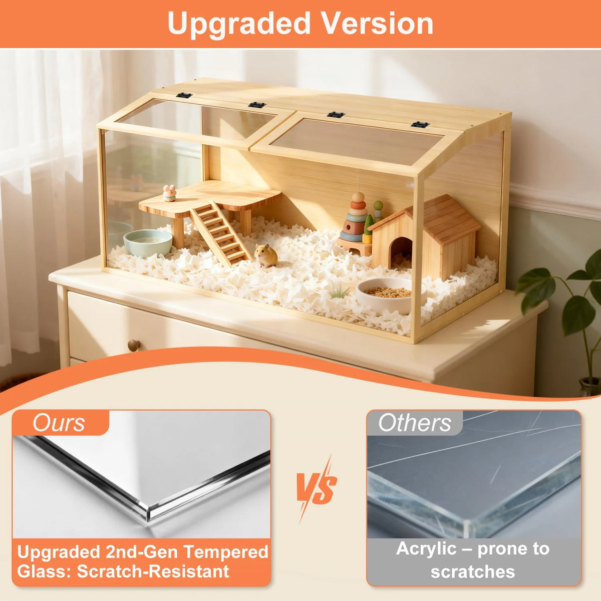 Wooden Hamster Cage Animal Cabinet for Guinea Pigs Hamster Habitat Openable Top Tabletop Habitat Enclosure Tempered Glass Panels
