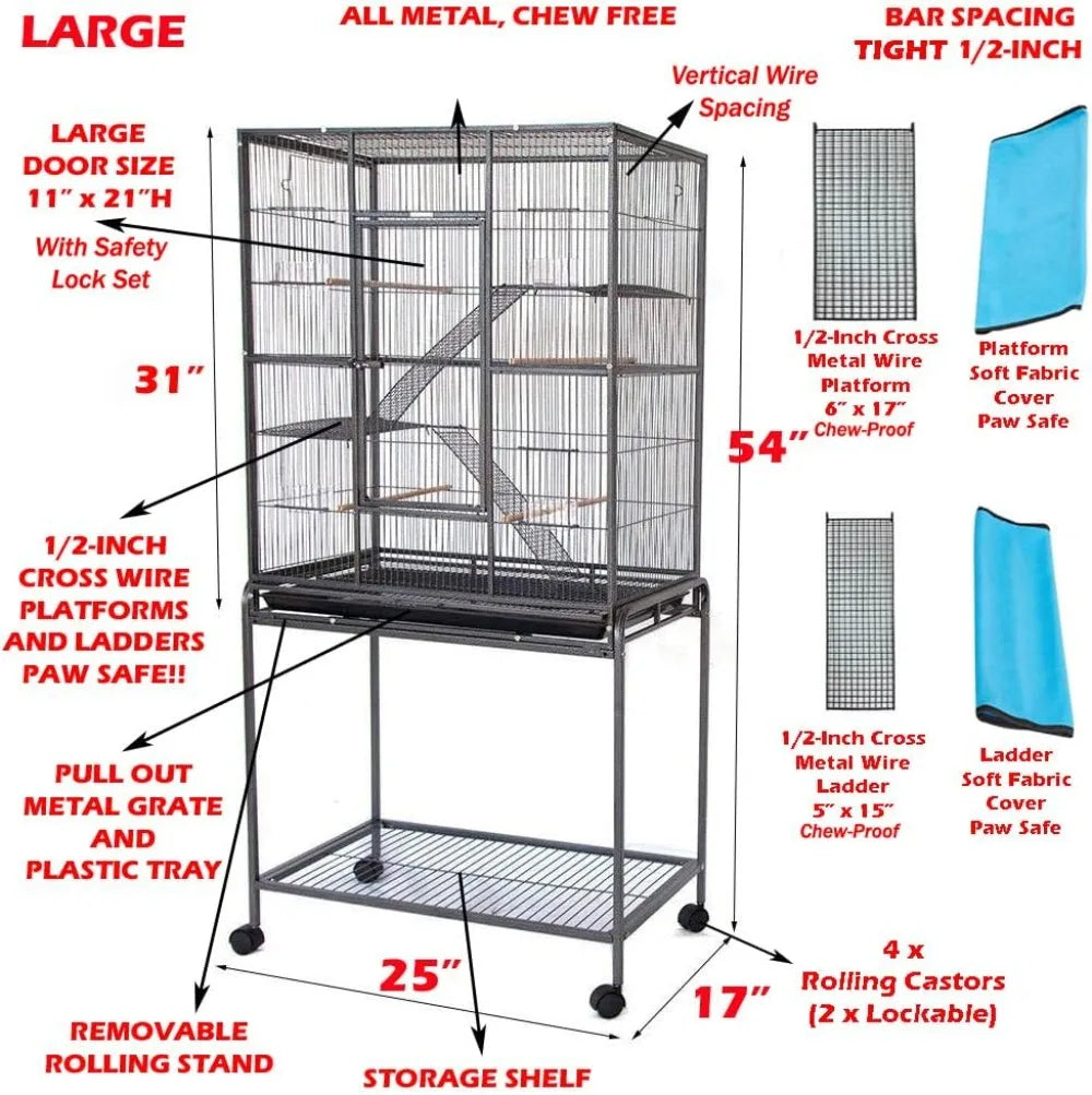 54" Large 4-Level Chew-Proof Small Animal Cage with Rolling Stand, 1/2" Wire Spacing for Ferret, Squirrel, Chinchilla, Rat