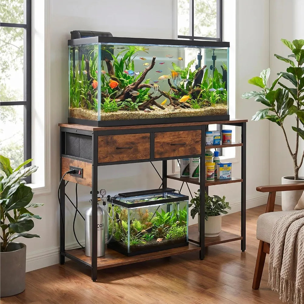 Aquarium Stand with Power Outlet for Fish or Reptile Tank 49.2" x 17,7" Top Tabletop Terrarium Stand with Power Outlet For Farmhouse Home