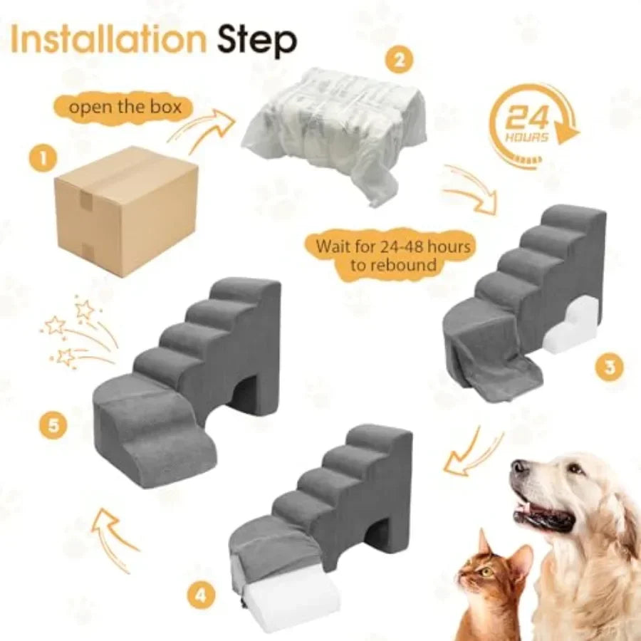 Dog Stairs for High Beds, L-Shaped 6-Step Pet Stairs 27-30 in,Non-Slip Rubber-Coated Wood, Gray, Sturdy 30D Foam Cushioned Ramp