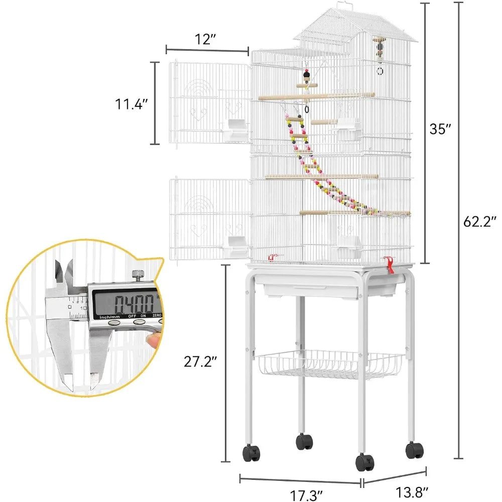 62-inch Metal Bird Cage for Cockatiels, Parrots, Pigeons, Lovebirds, with Roof Access and Rolling Stand, White