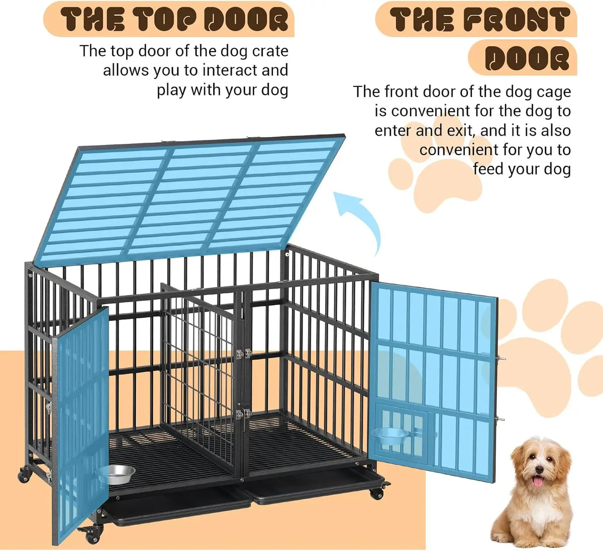 Heavy Duty Metal Dog Crate 42 Inch with Double Door Lock Wheels Removable Tray Divider Panel Large Dog Cage for Indoor Small Medium Dogs