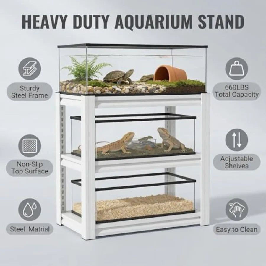 Fish Tank Stand for 20-30 Gallon Aquariums, Heavy Duty Metal Frame, White, Height Adjustable 3-Tier Storage with Reinforced Sup
