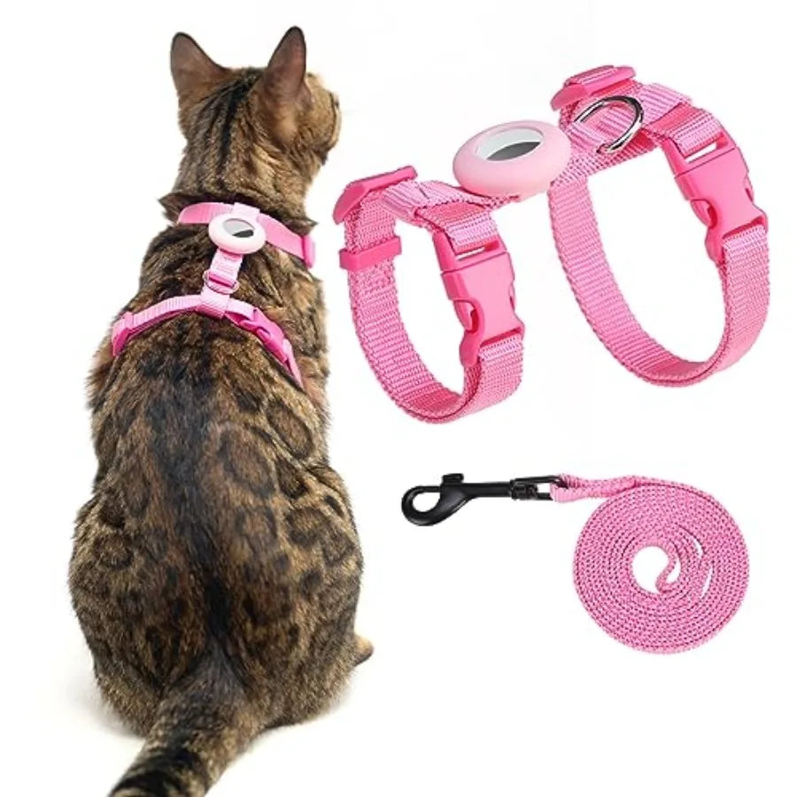 Cat Harness and Leash Set with Airtag Holder for Walking and Travelling, Escape Proof Cat Harness for Small Medium Large Kitten