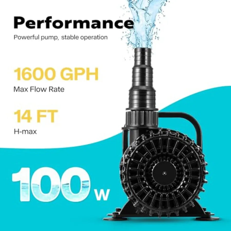 Koi pond waterfall fountains fish tank application, stainless steel and ABS plastic material, black color, 100W 1600GPH high fl