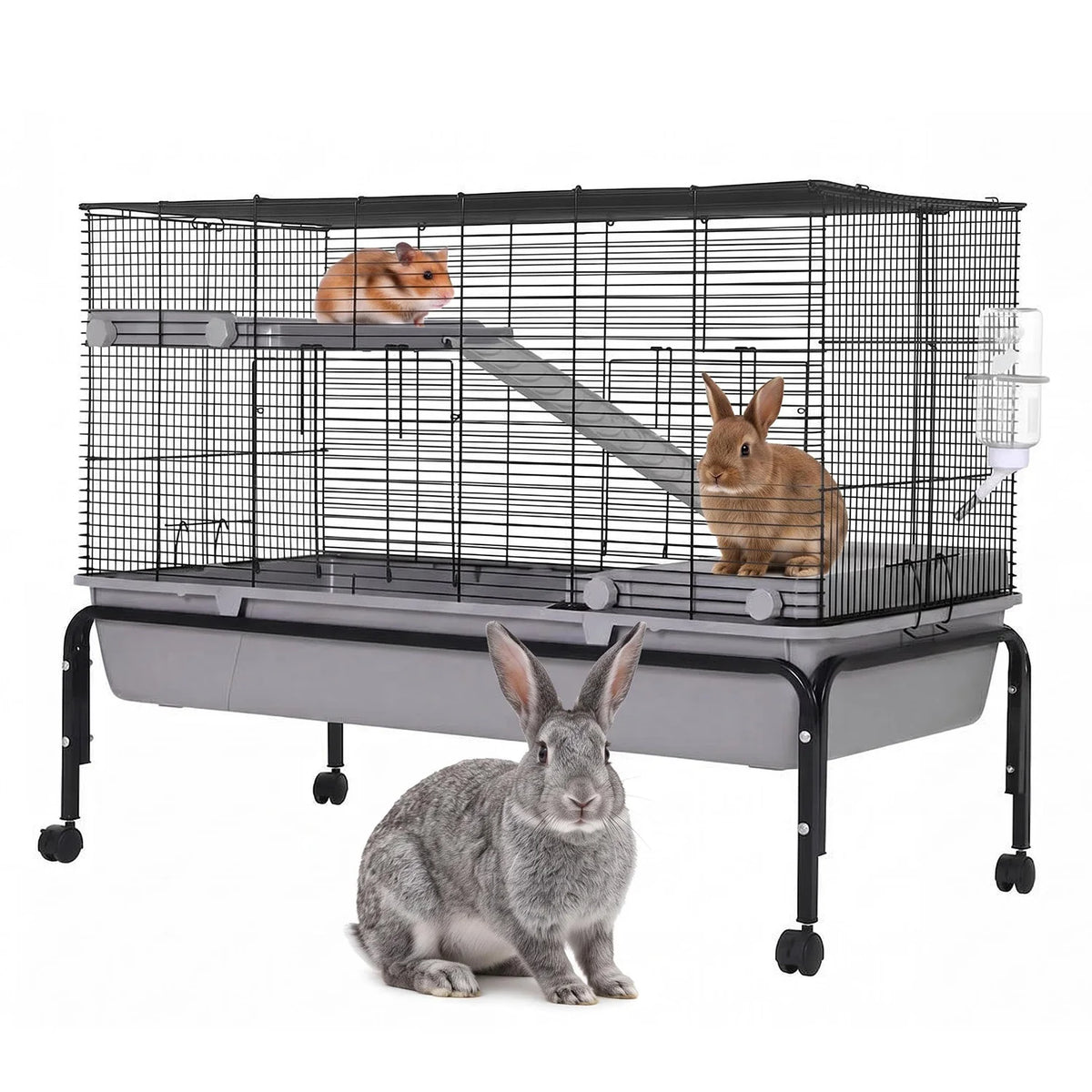 40'' Small Animal Cage With Detachable Stand, Hamster Cage with Ramp & Removable Tray & Water Bottle, Rolling Pet Habitat for Rabbits, Guinea Pigs