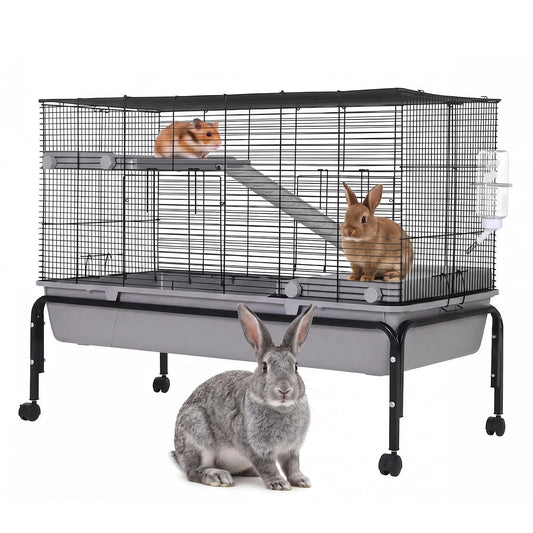 40'' Small Animal Cage With Detachable Stand, Hamster Cage with Ramp & Removable Tray & Water Bottle, Rolling Pet Habitat for Rabbits, Guinea Pigs