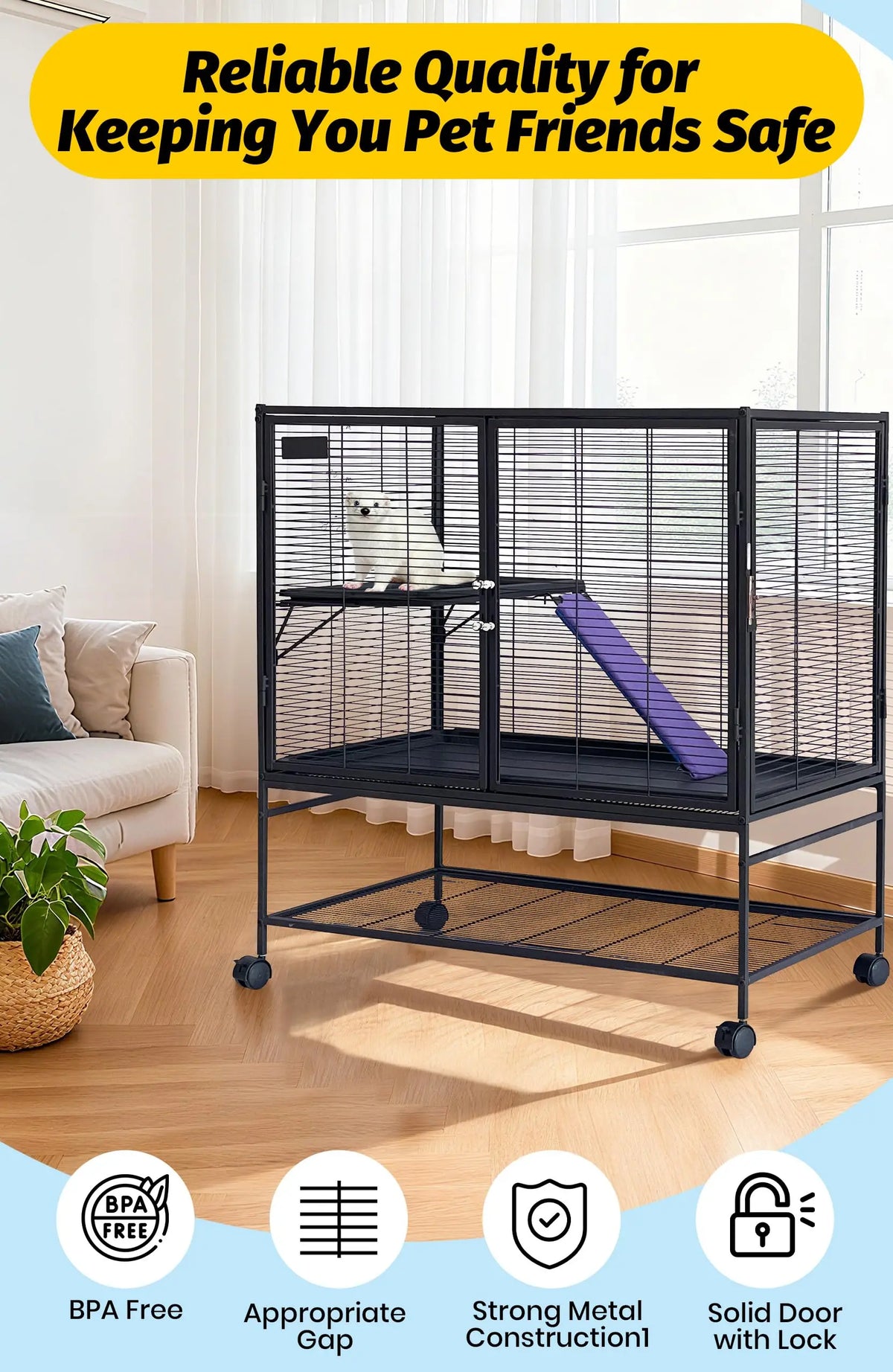 Small Animal Cage, 39” H Large Ferret Cage with Removable Ramp & Tray, Hamster Cage for Chinchilla, Guinea Pig and Rabbit