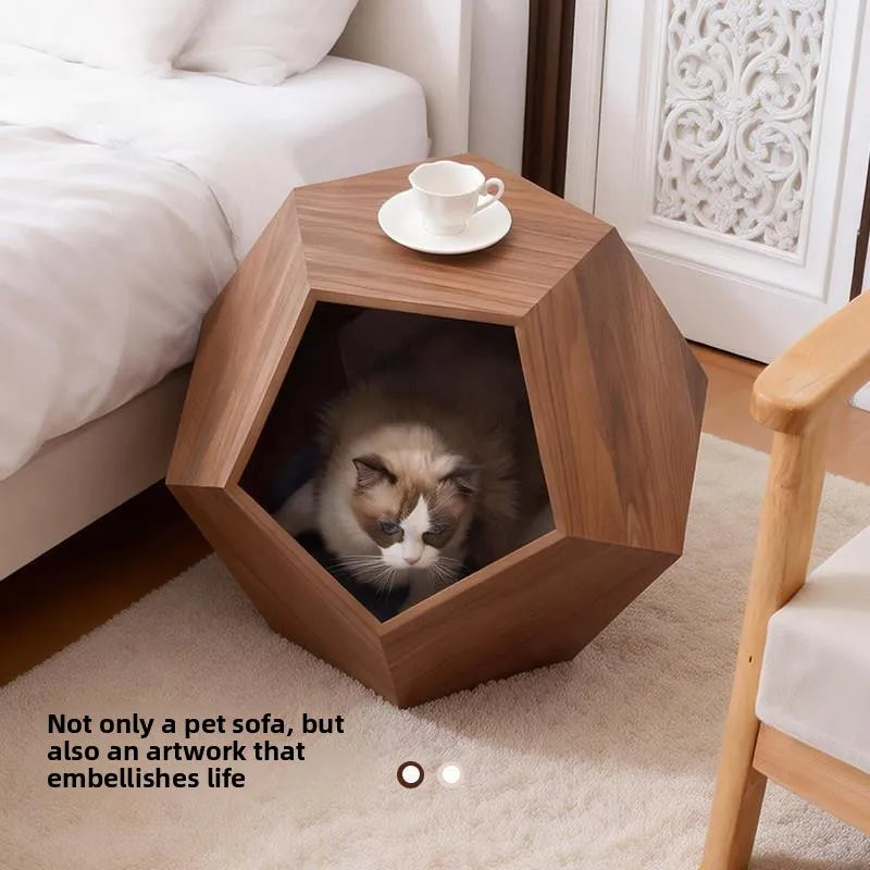 Solid Wood Pet Nest Cat Bed Dog House Side Table Nightstand Coffee Table 2-in-1 Furniture for Small Medium Cats Dogs
