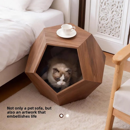 Solid Wood Pet Nest Cat Bed Dog House Side Table Nightstand Coffee Table 2-in-1 Furniture for Small Medium Cats Dogs