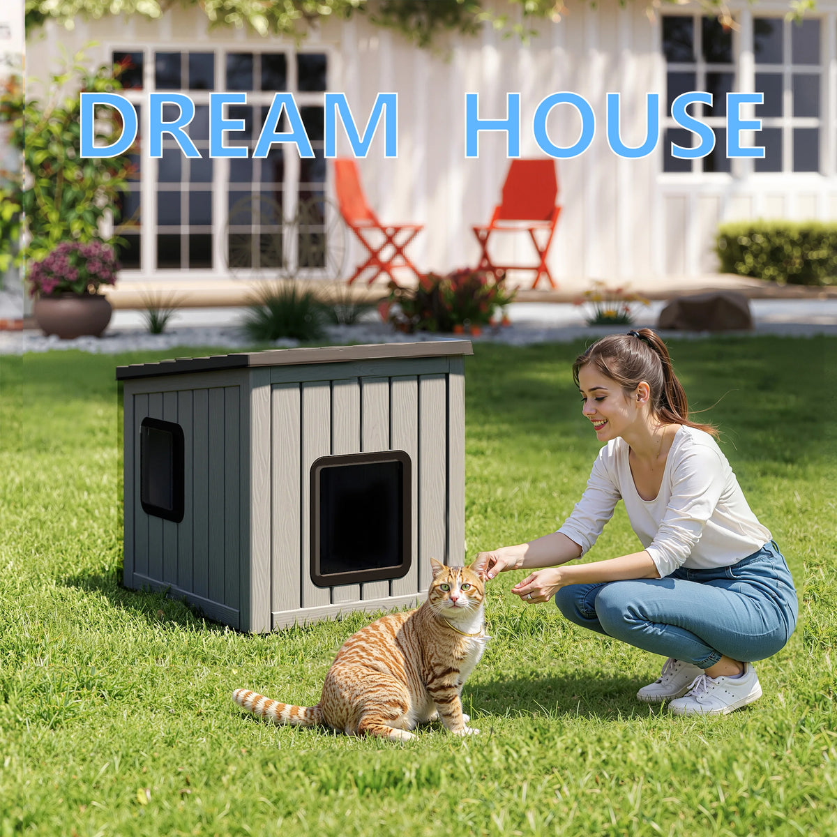 Waterproof Sloped Roof Plastic Pet Cabin, Indoor Outdoor Weather Resistant Cat Shelter for Porch & Yard