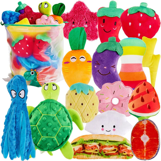 20PCS Random Squeaky Dog Toys Cute Interactive Pets Toys Bulk for Small Medium Dogs Soft Plush Fruit Vegetables Animals Set