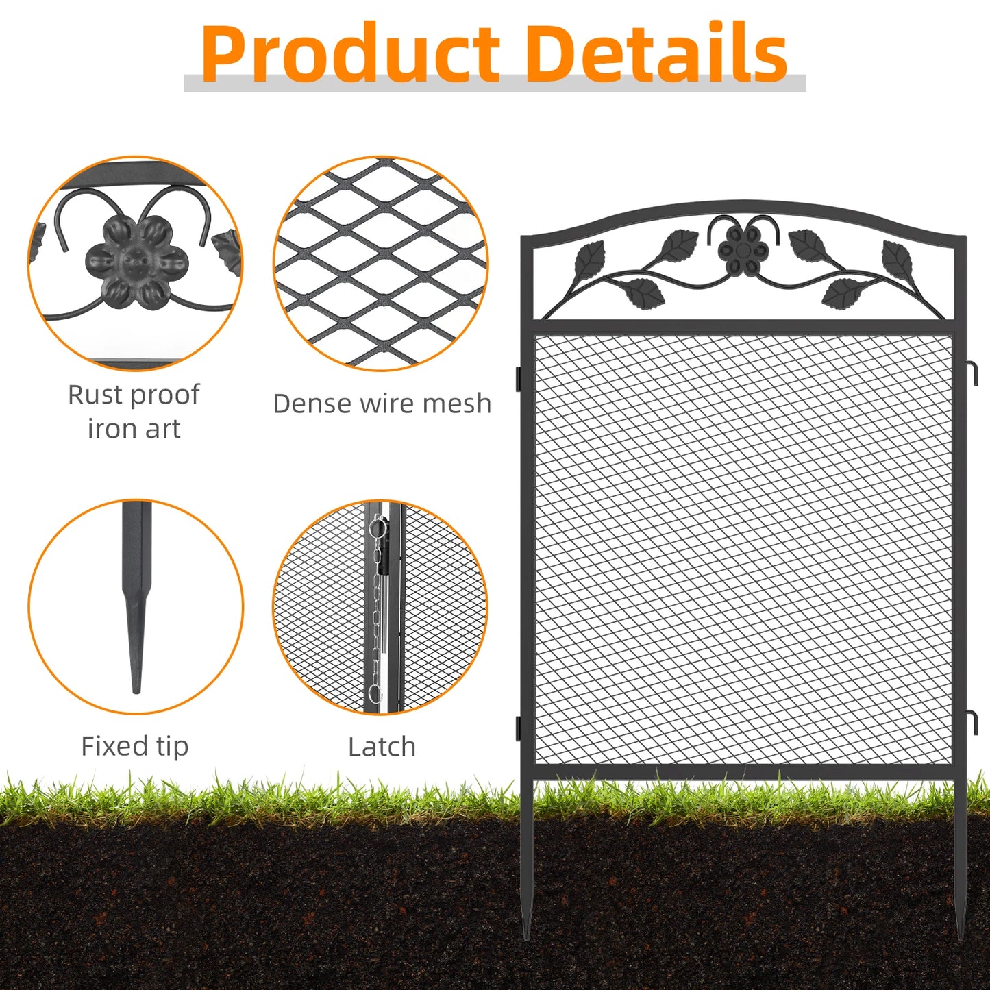 5Panels Decorative Garden Fence Animal Barrier with Safety Latch Arched Flower Bed Edging for Yard Patio Outdoor Decor Metal Border Panel Fencing
