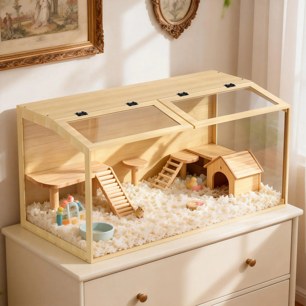 Wooden Hamster Cage Animal Cabinet for Guinea Pigs Hamster Habitat Openable Top Tabletop Habitat Enclosure Tempered Glass Panels