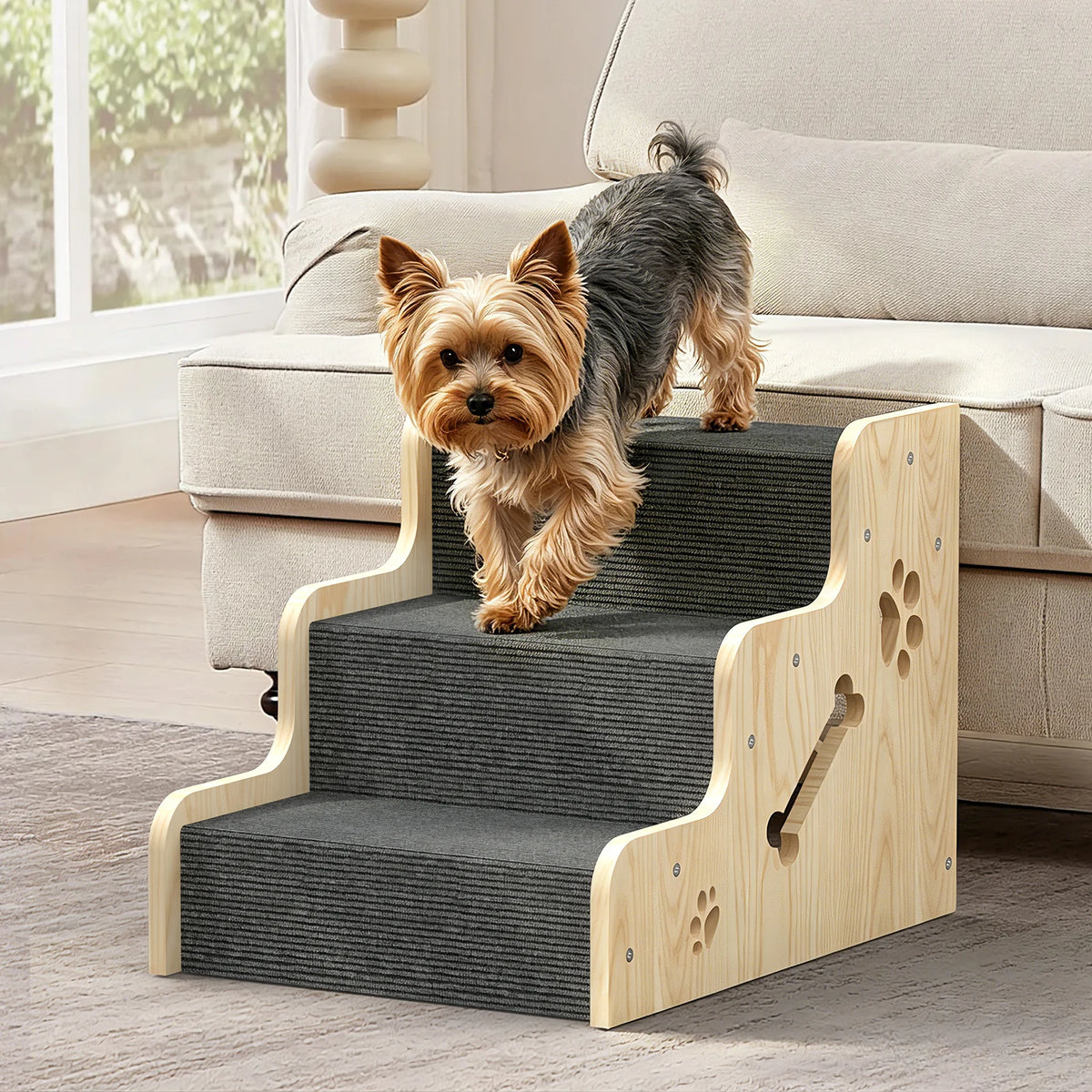 3 Step Wooden Pet Stairs, Large Non-Slip Dog Steps, Scratch-Resistant Carpet & Side Safety Panels,for Small & Large Dogs and Cats, Beds, Couches & Sofas